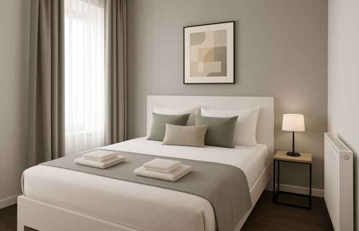 Dormitor modern cu accente gri